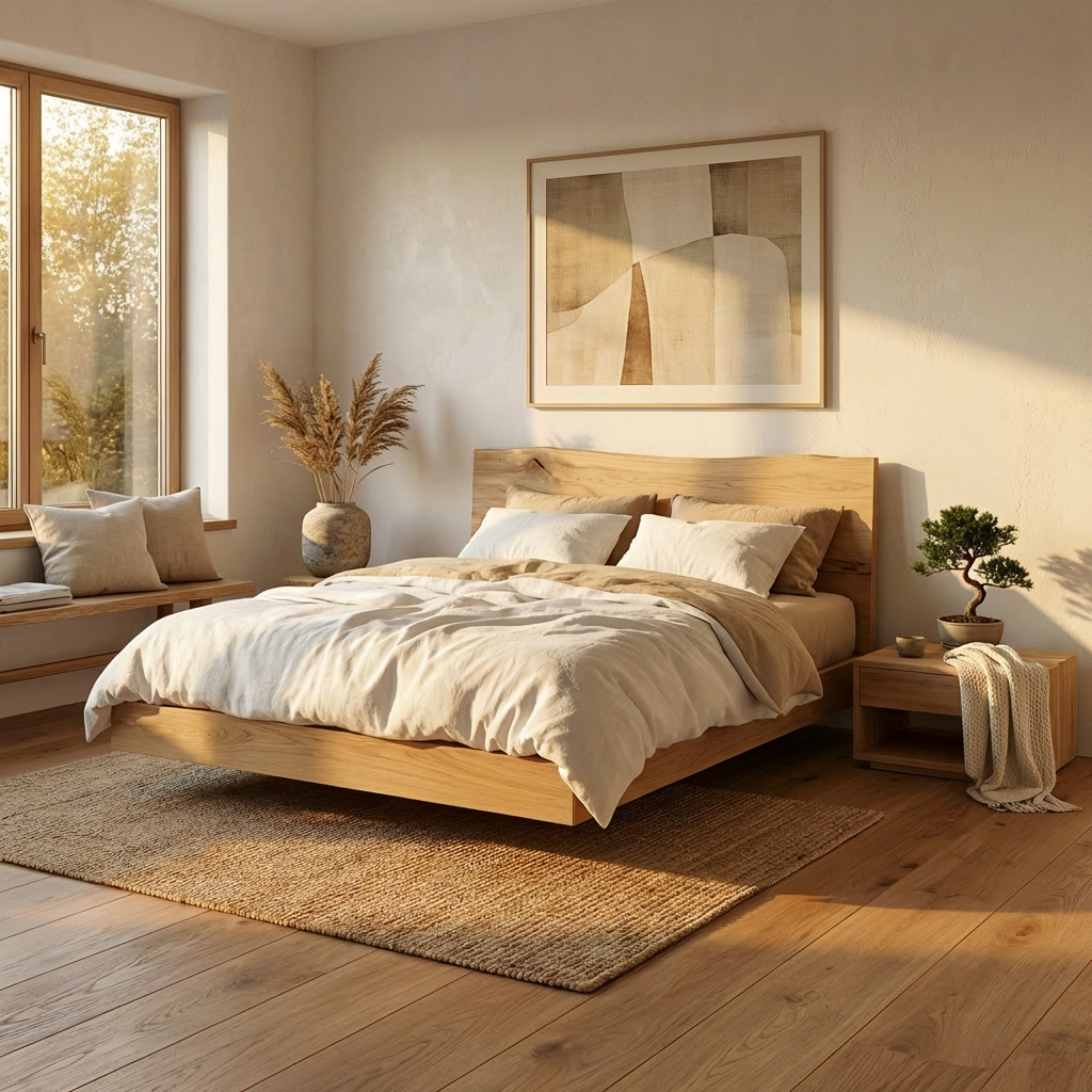 Minimal Floating Bed din stejar