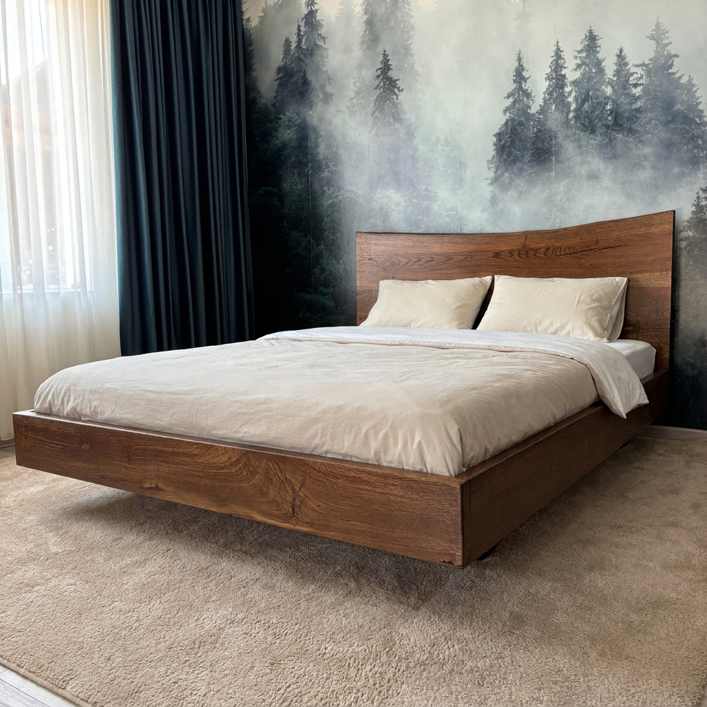 Minimal Floating Bed din stejar baituit