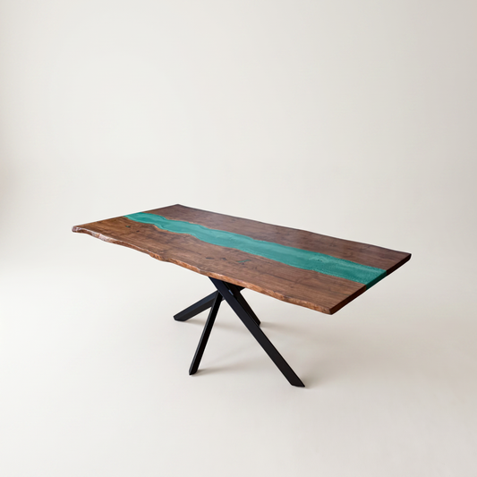Masa de dining Dark Oak cu rasina turcoaz