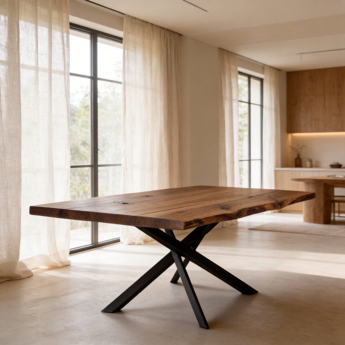 Masa de dining Geometry cu blat brut din lemn de nuc